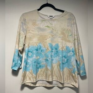 Alia 3/4 Long Sleeve Top - Blue and Cream Floral